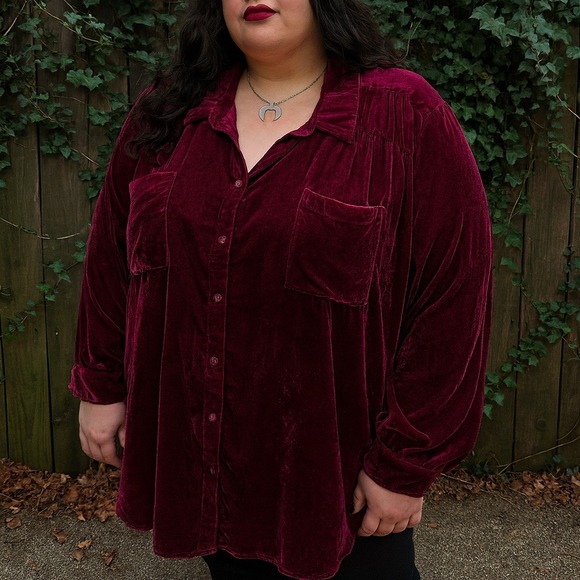 Torrid Velvet Button Up Shirt Top Womens Plus Size 5 Burgundy Witchy Goth Autumn - Picture 1 of 9
